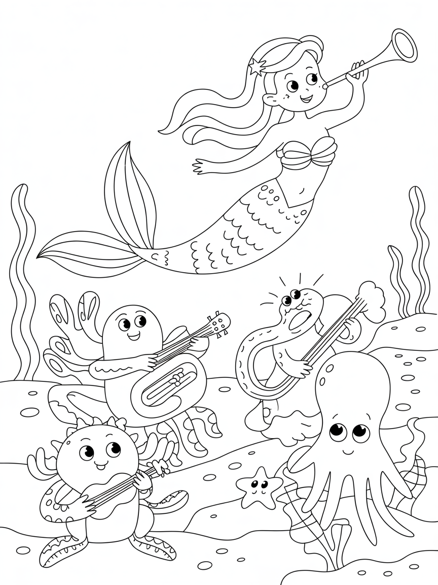 Mermaid orchestra with sea creatures - Free Coloring Page