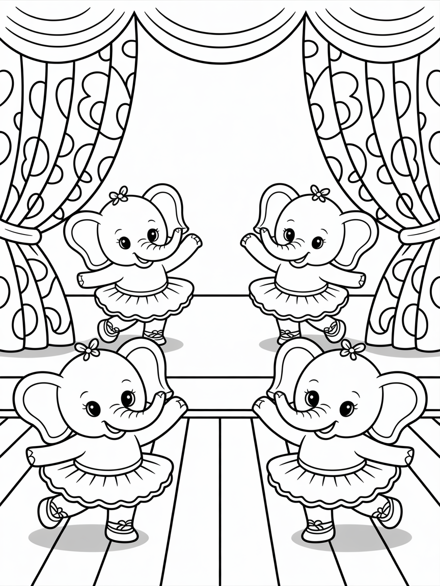 Elephant ballet recital with tutus - Free Coloring Page