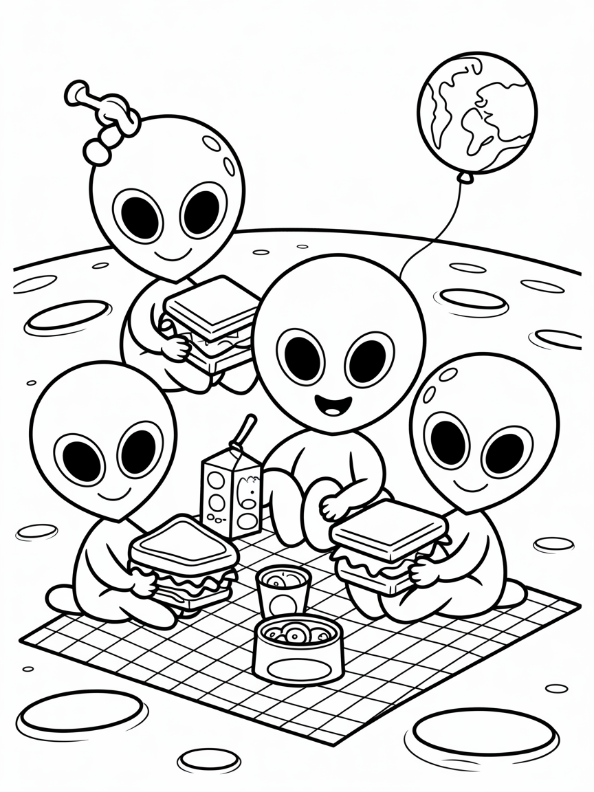Alien picnic on the moon - Free Coloring Page