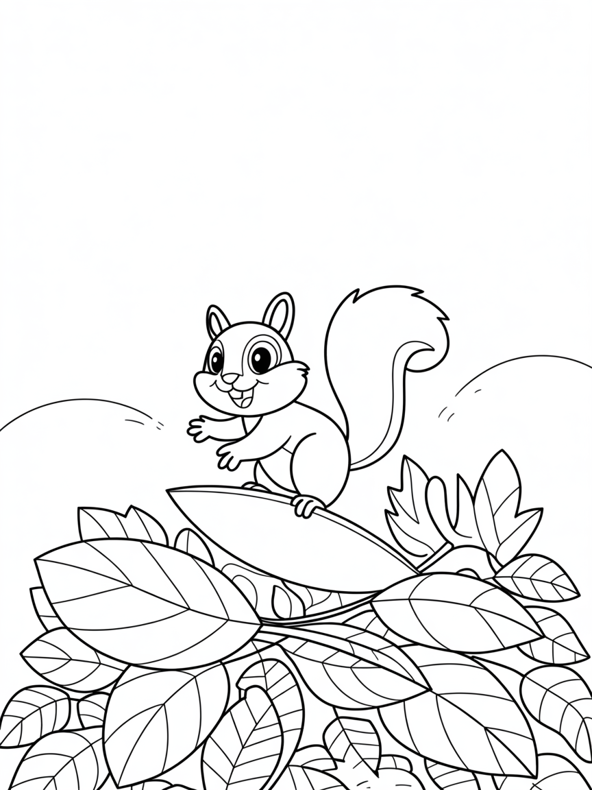 Squirrel surfing on autumn leaves - Free Coloring Page