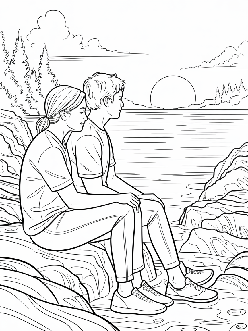 A young couple sitting on the rocks watching the sun setting in the west. - Free Coloring Page