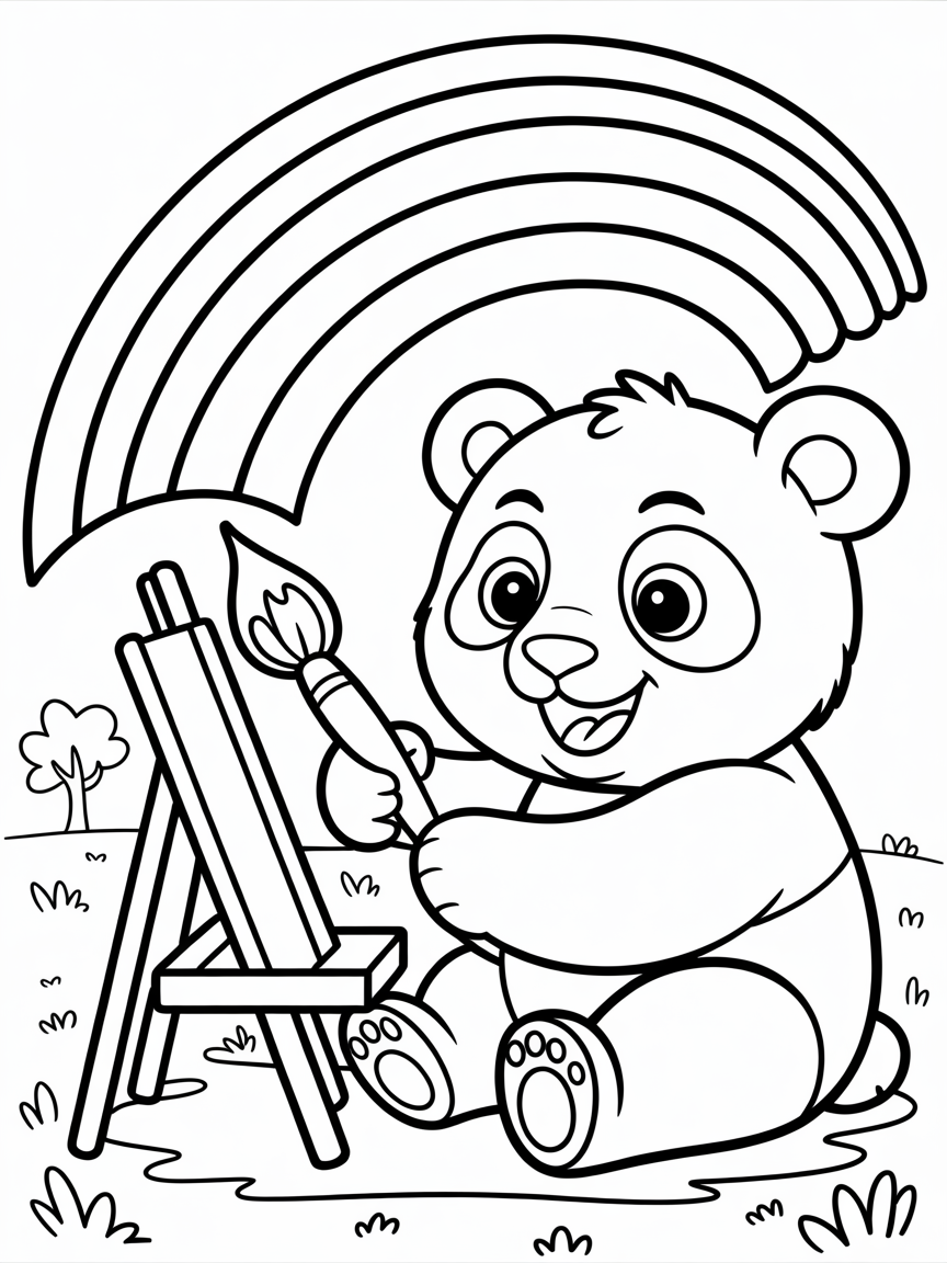 Baby panda painting a rainbow - Free Coloring Page