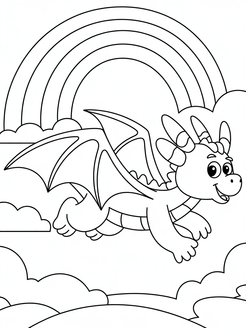 Dragon with horns flying in a sky with a rainbow - Free Coloring Page