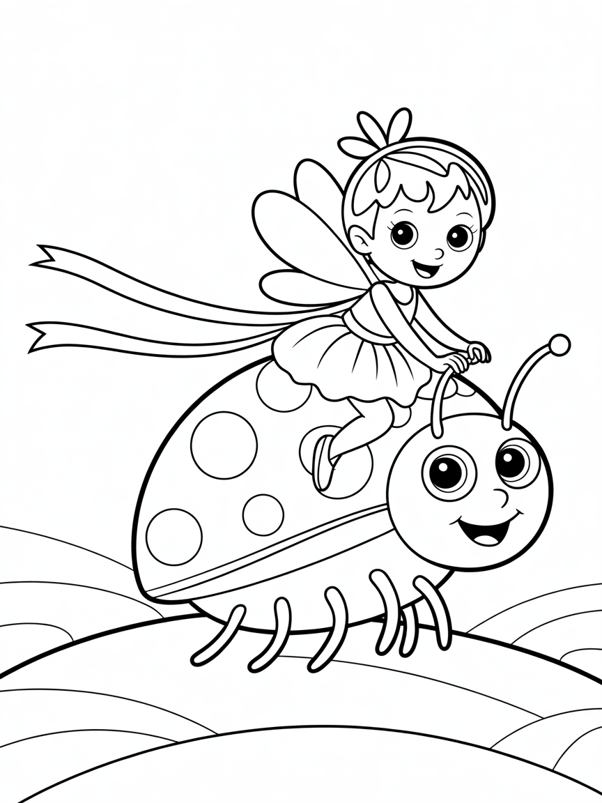 Fairy riding a giant ladybug - Free Coloring Page
