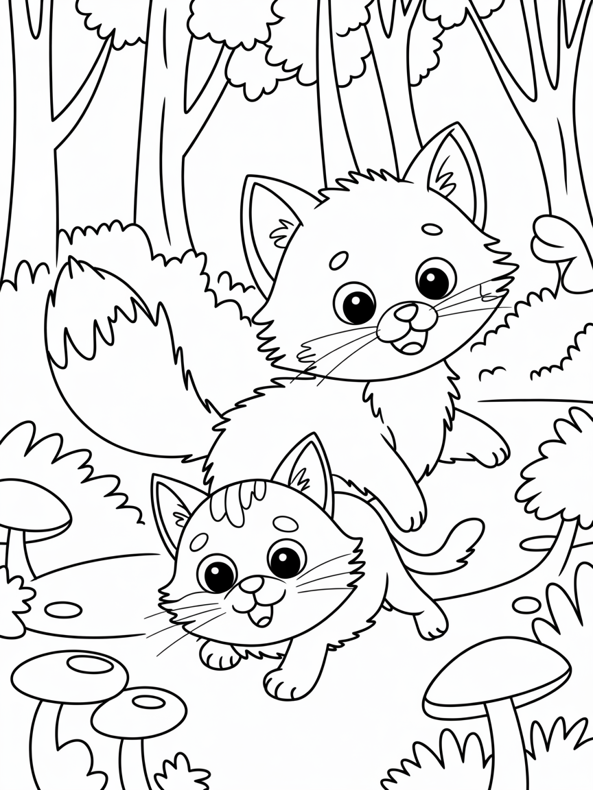 A little cat with a fox in the forest - Free Coloring Page