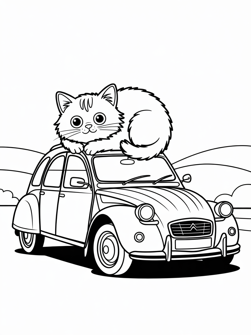 A ragdoll cat sleeping on a citroen 2cv - Free Coloring Page