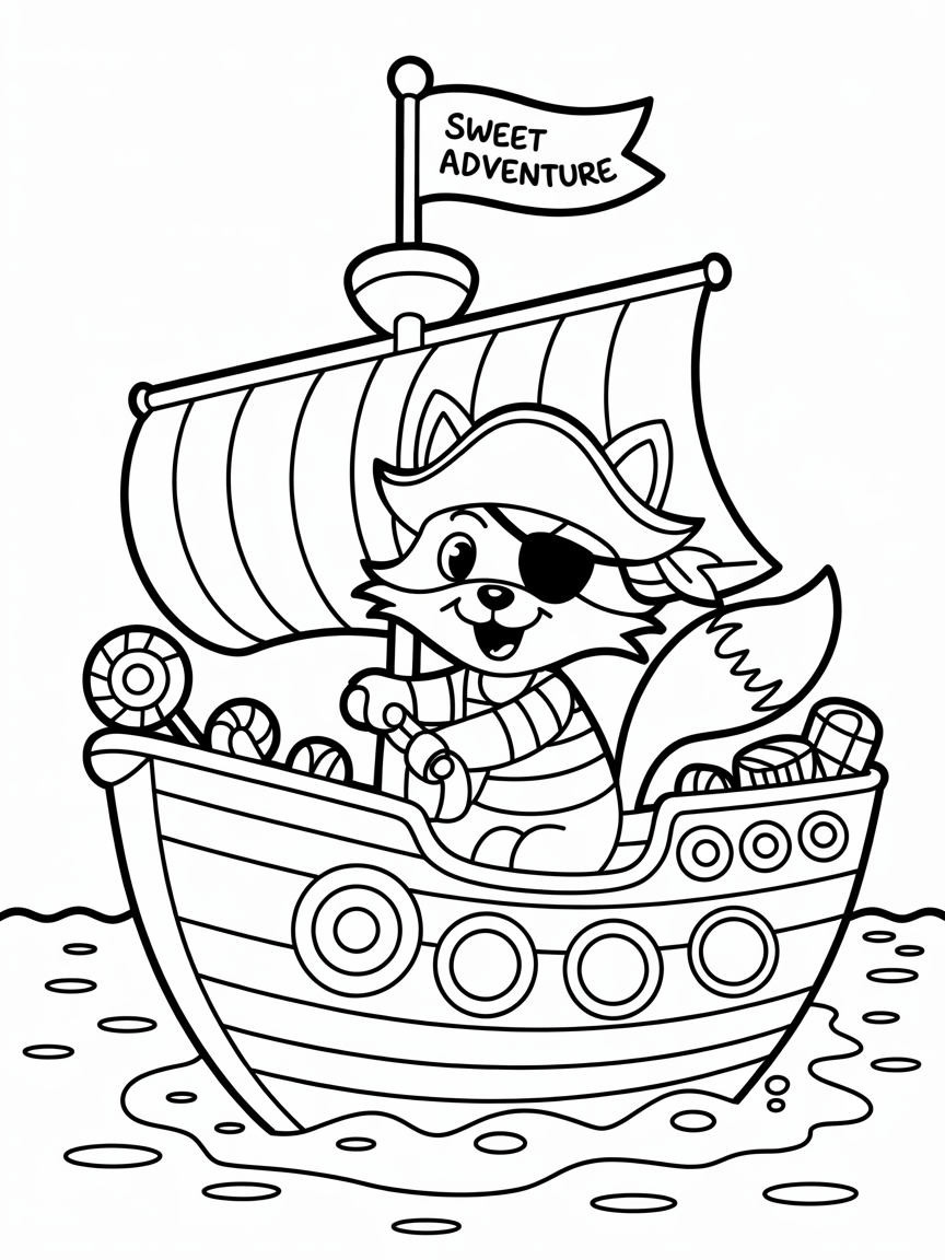 Pirate fox sailing a candy ship - Free Coloring Page