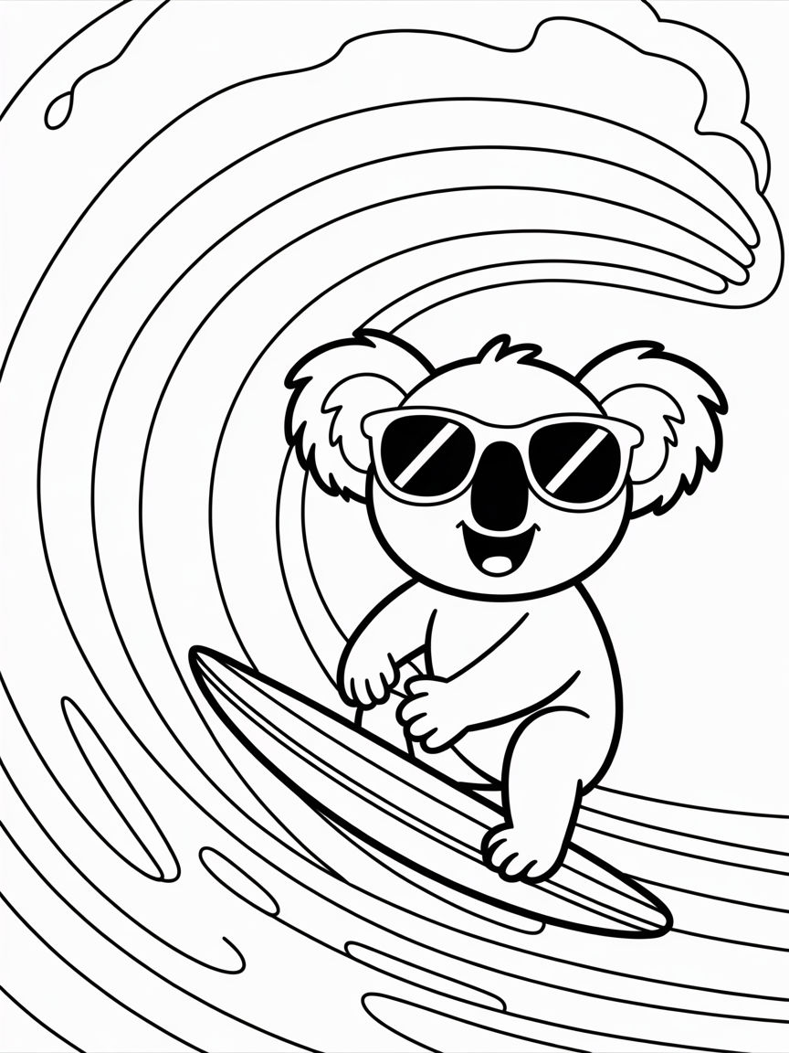 Koala surfing on a rainbow wave - Free Coloring Page