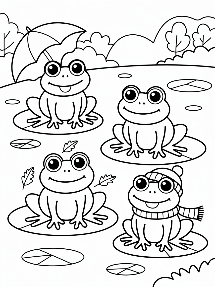 Frogs in all seasons - Free Coloring Page