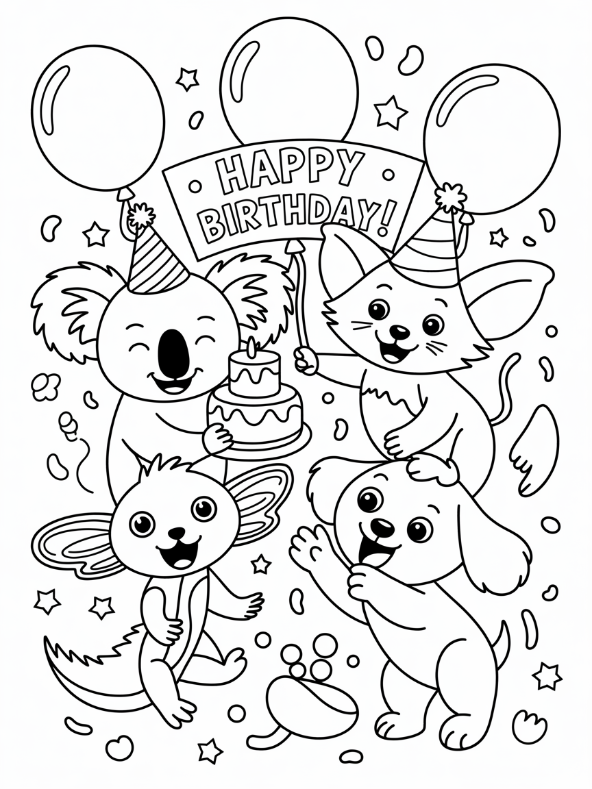 Several Koalas, fenneks, axolotls and dogs having a birthdayparty - Free Coloring Page