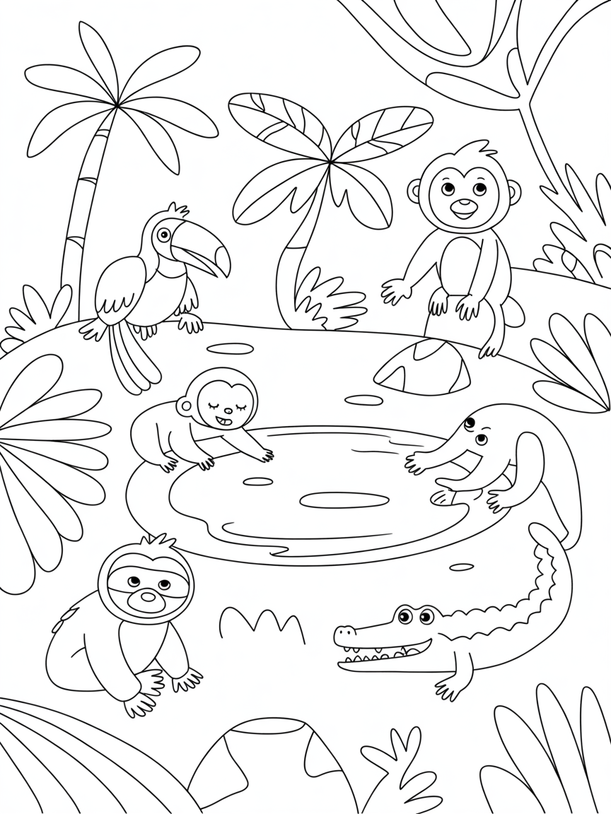Rainforest waterhole - Free Coloring Page