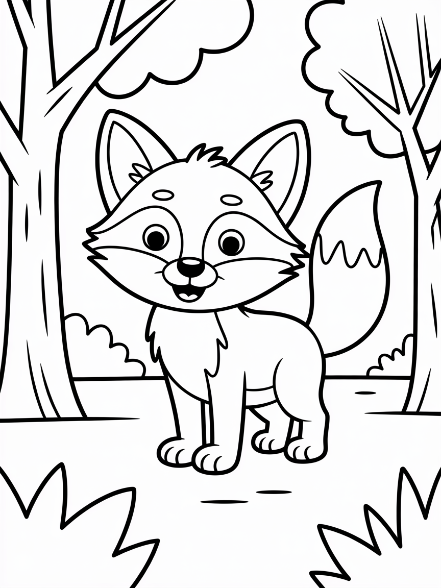 Fox in woods - Free Coloring Page