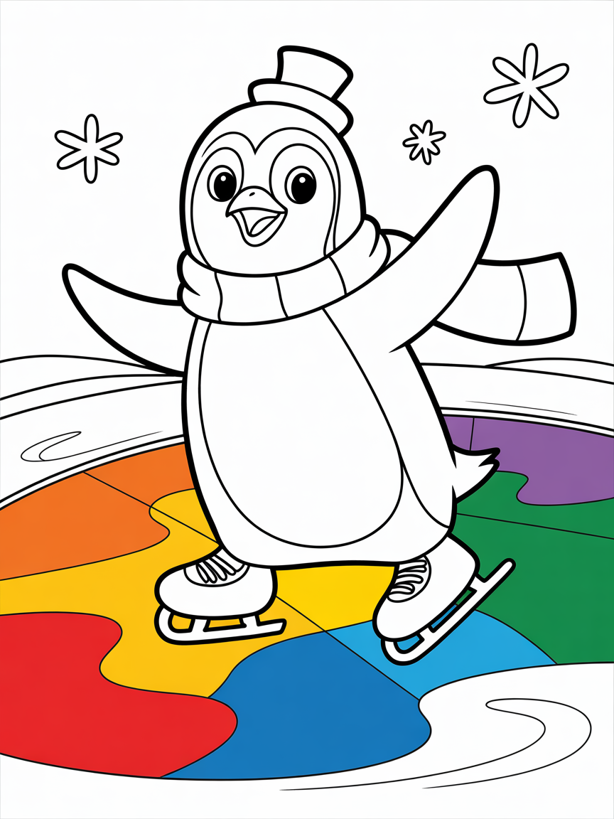 A penguin ice skating on rainbow ice - Free Coloring Page