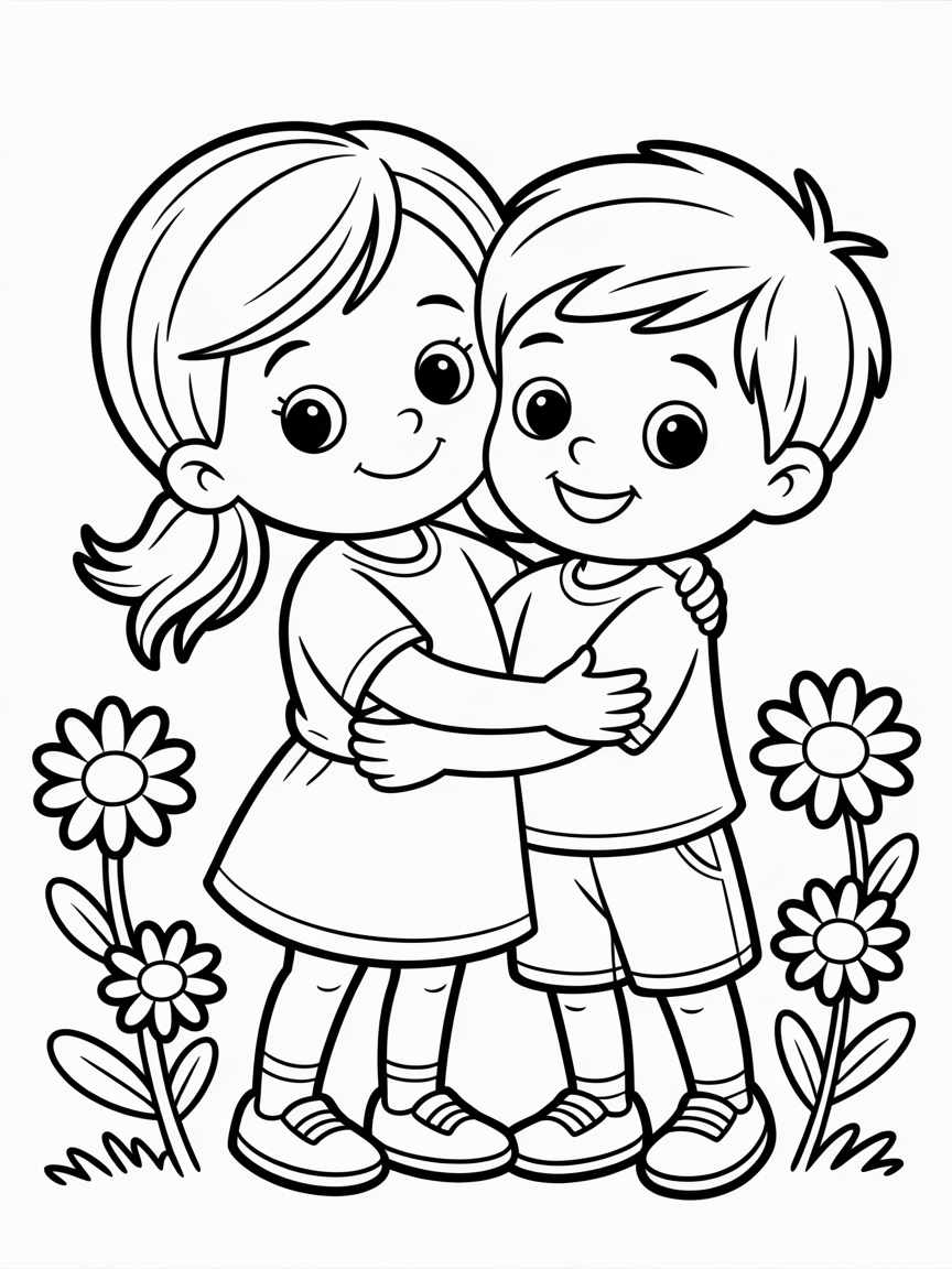 A little girl with long hair and a younger boy hugging - Free Coloring Page