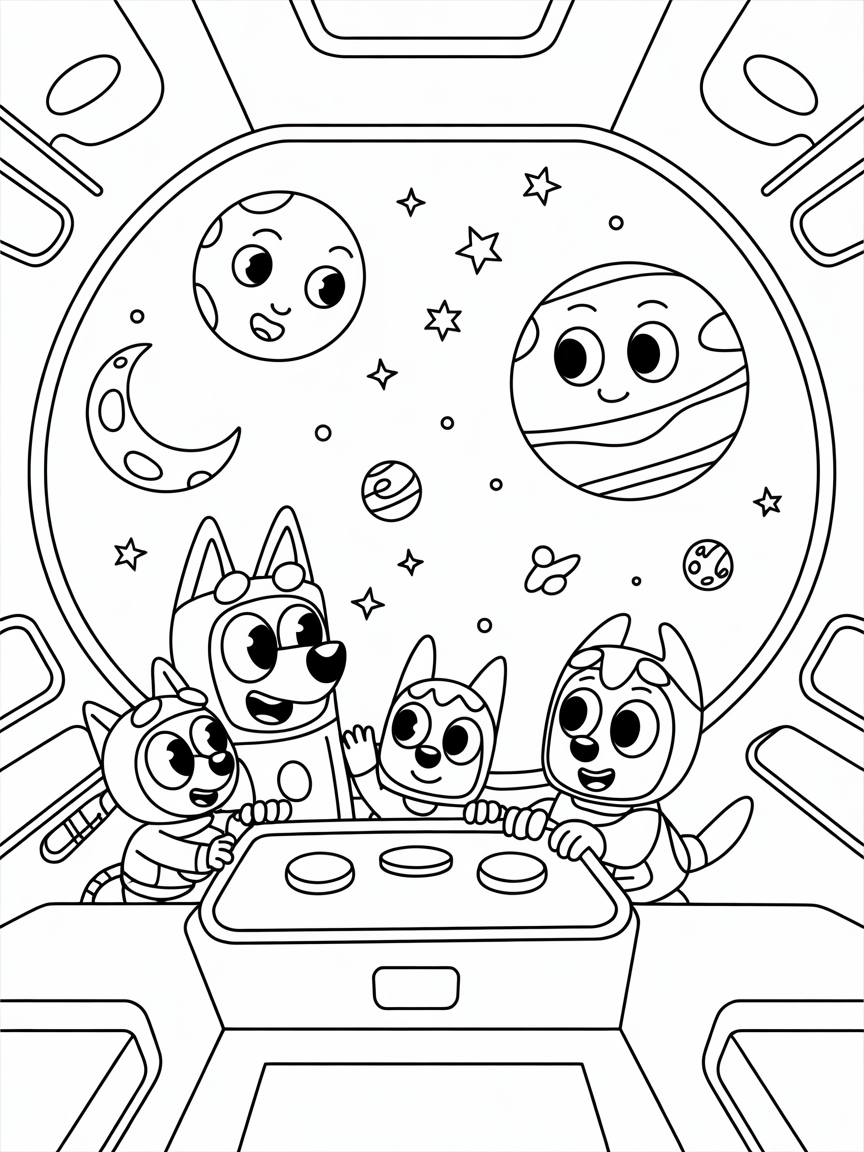 Bluey goes to space - Free Coloring Page