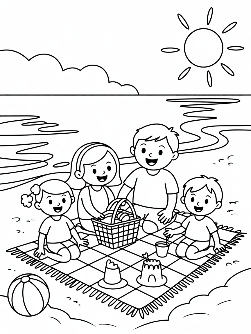 Picnic at the beach - Free Coloring Page