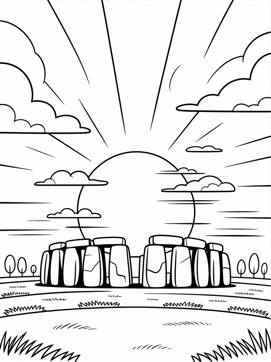 Sunset at Stonehenge - Free Coloring Page