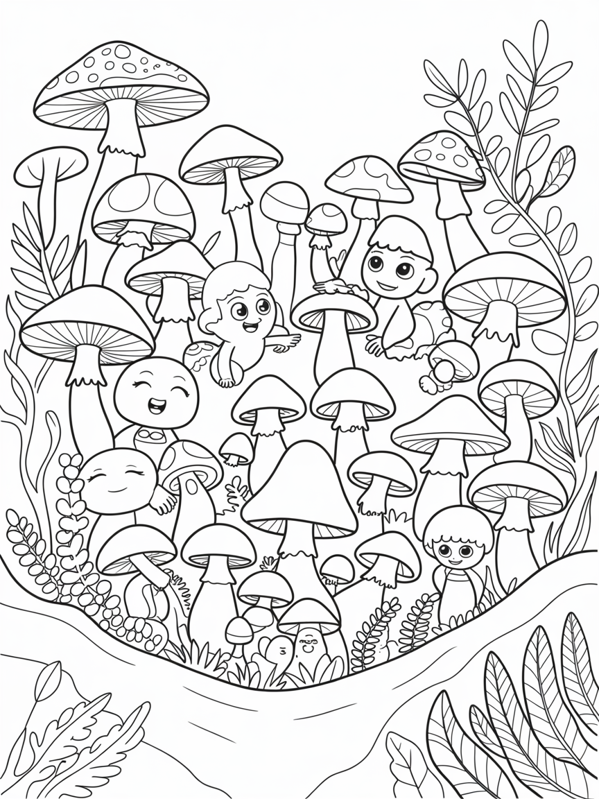 Cute mushroom babies - Free Coloring Page
