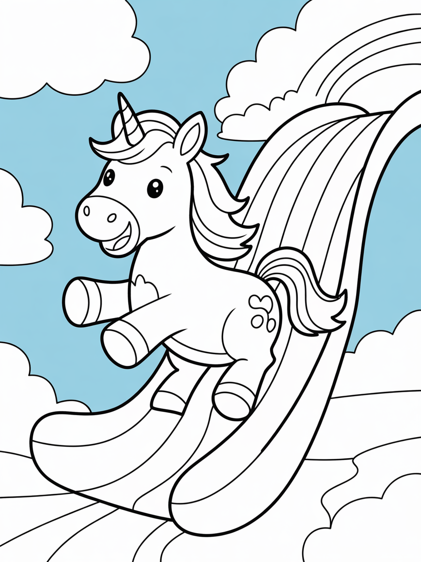Unicorn sliding down rainbow slide - Free Coloring Page