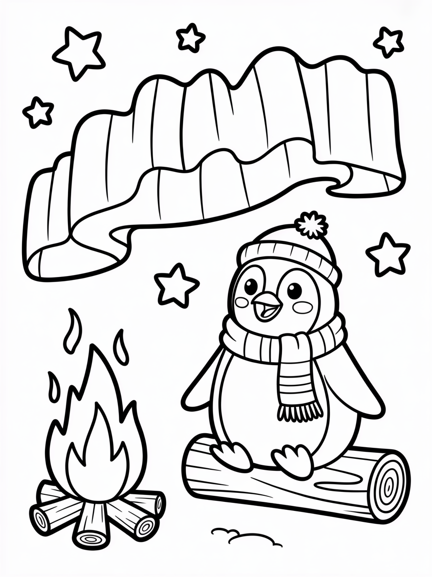 Penguin camping under aurora borealis - Free Coloring Page