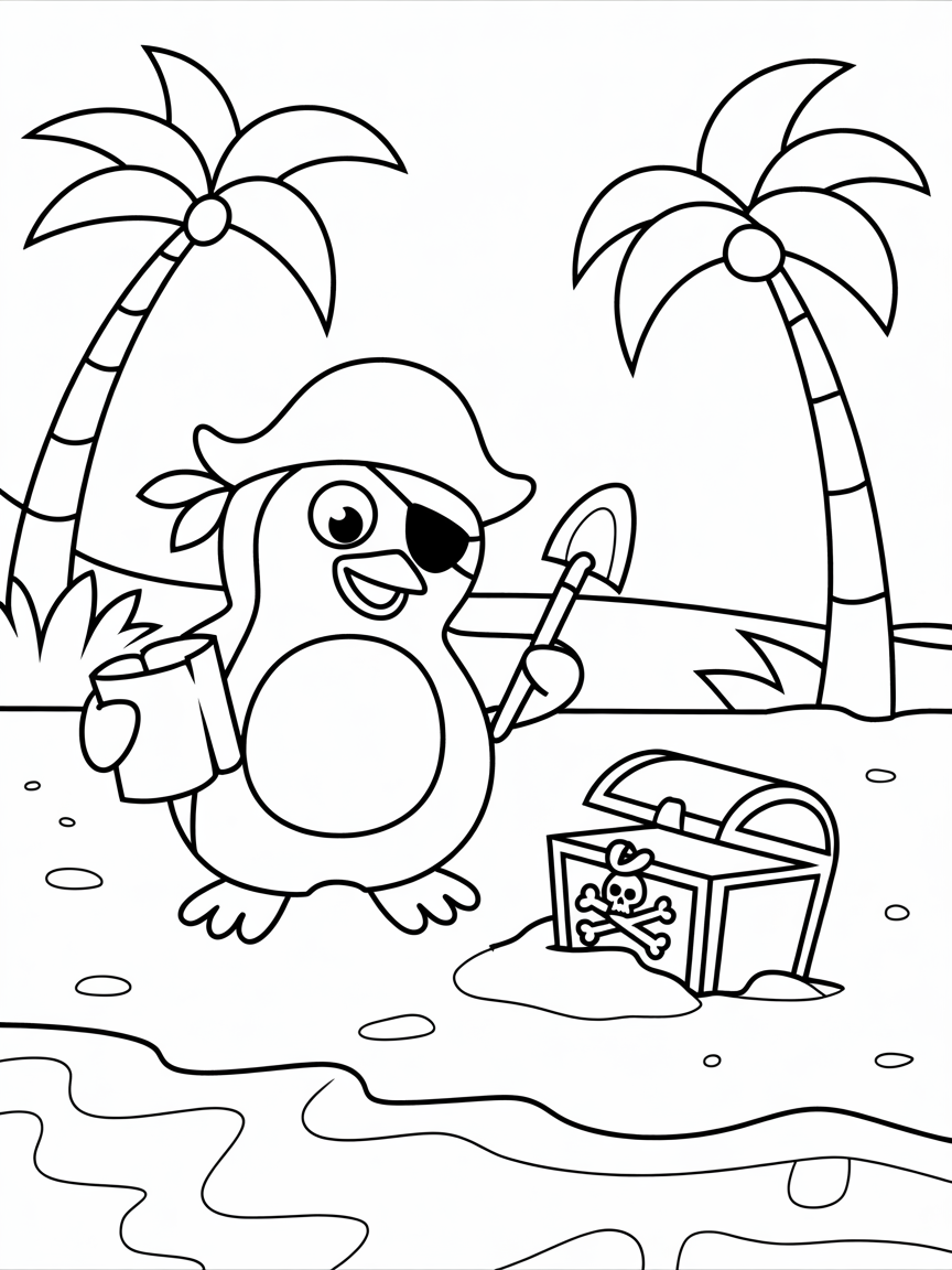 Pirate penguin on a treasure hunt - Free Coloring Page