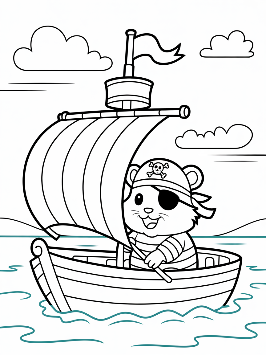 Pirate hamster sailing a tiny ship - Free Coloring Page
