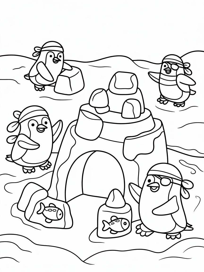 Pirate penguins building a snowcastle - Free Coloring Page
