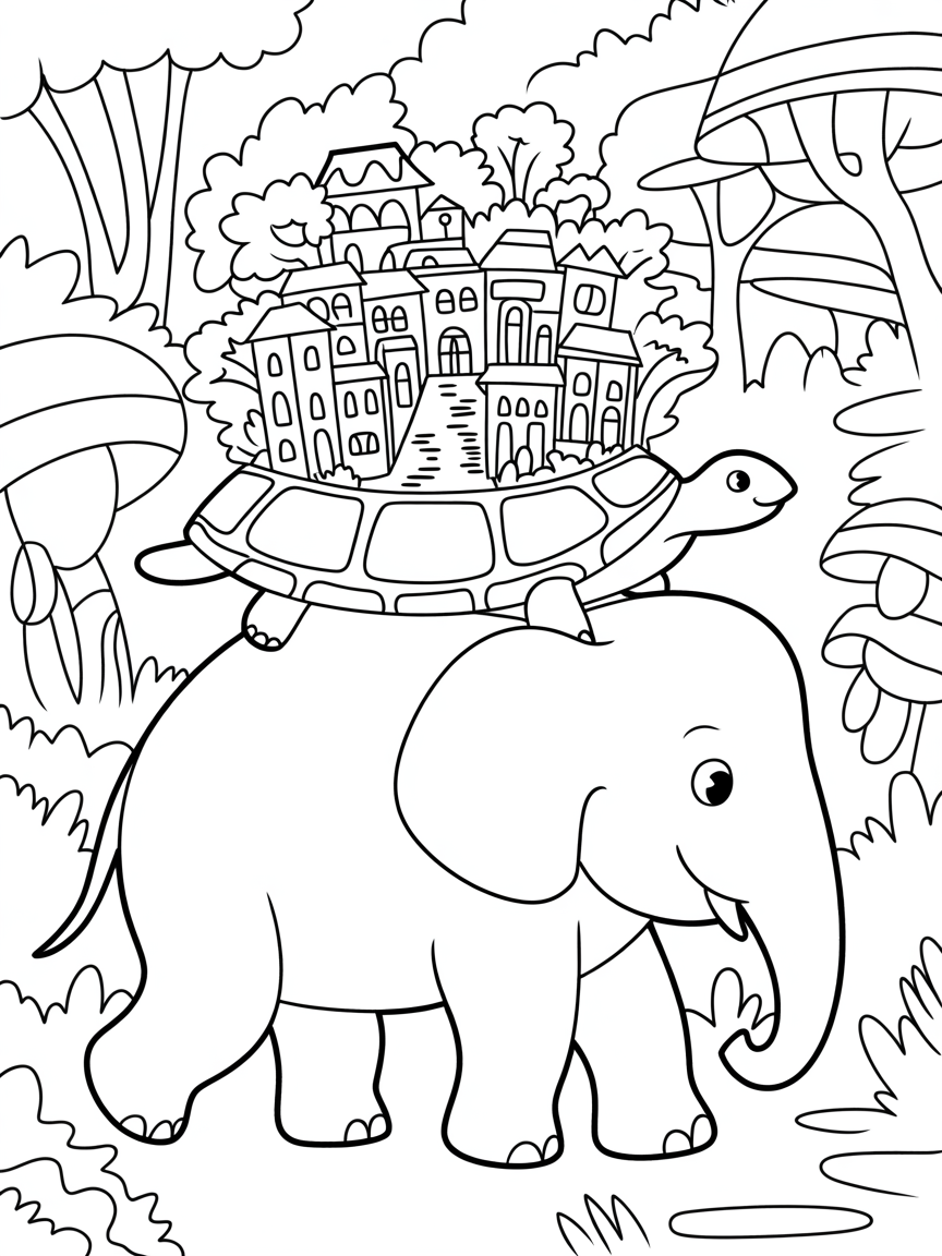 A city within a forest, which is on a turtles back, and the turtle is on top of an elephant - Free Coloring Page