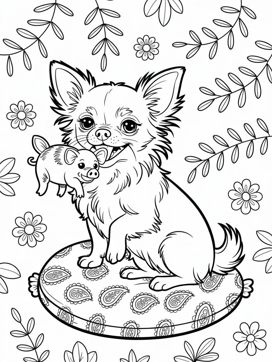 A long haired Chihuahua with a toy pig - Free Coloring Page