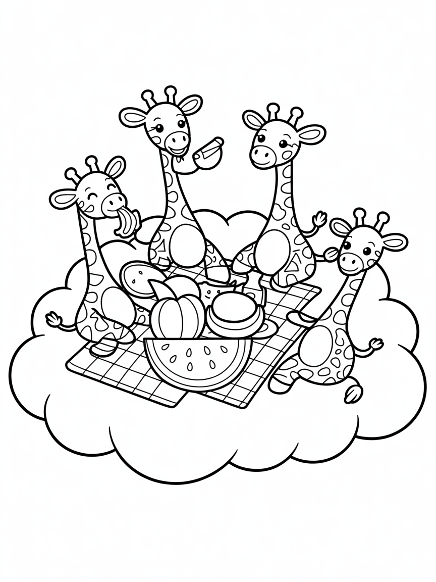 Giraffes having a picnic on a cloud - Free Coloring Page