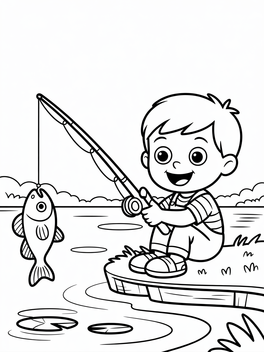 A little boy sitting by a lake with a fishing rod - Free Coloring Page