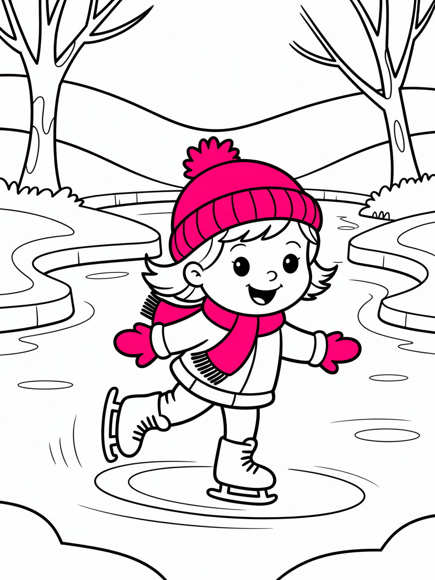 A little 5 year old girl goes ice skating - Free Coloring Page
