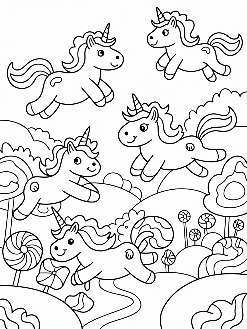 Unicorns flying over a candy forest - Free Coloring Page