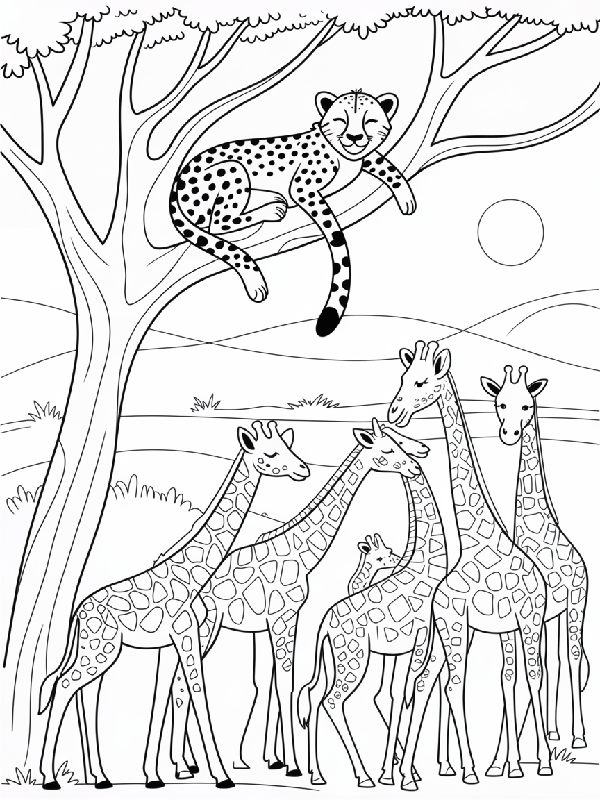 Cheetah sleeping in a tree on savannah, with a herd of giraffes in the background - Free Coloring Page