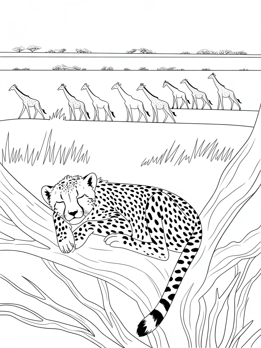Cheetah sleeping in a tree on savannah, with a herd of giraffes in the background - Free Coloring Page