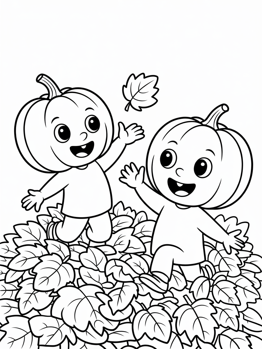Two pumpkin children named Luuk and Sophie playing in a pile of autumn leafs - Free Coloring Page