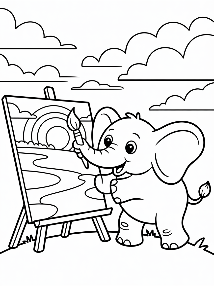 Elephant painting a colorful sunset - Free Coloring Page