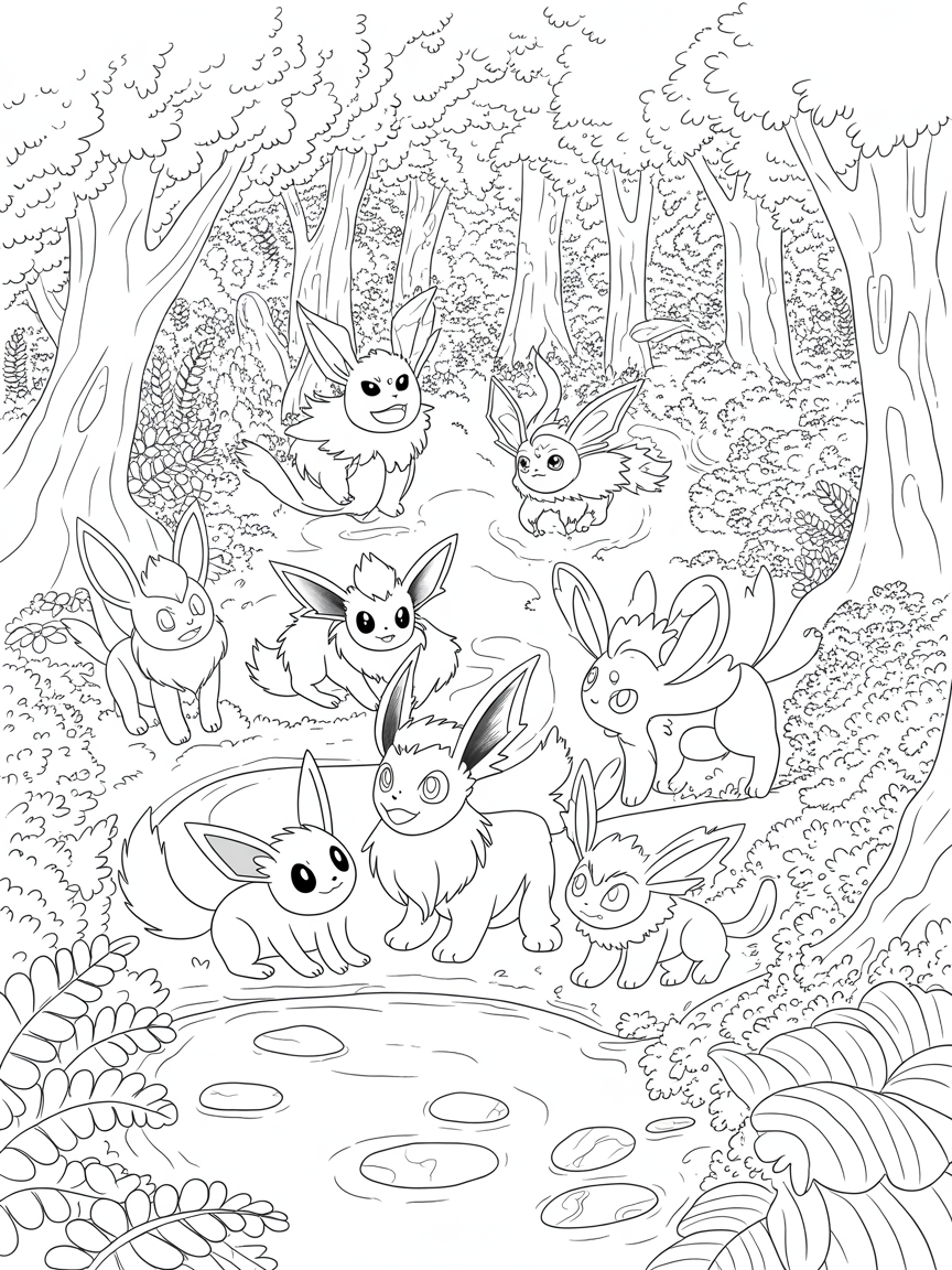 A place in nature with the pokemon eeve and one of each the evolution of eevee - Free Coloring Page