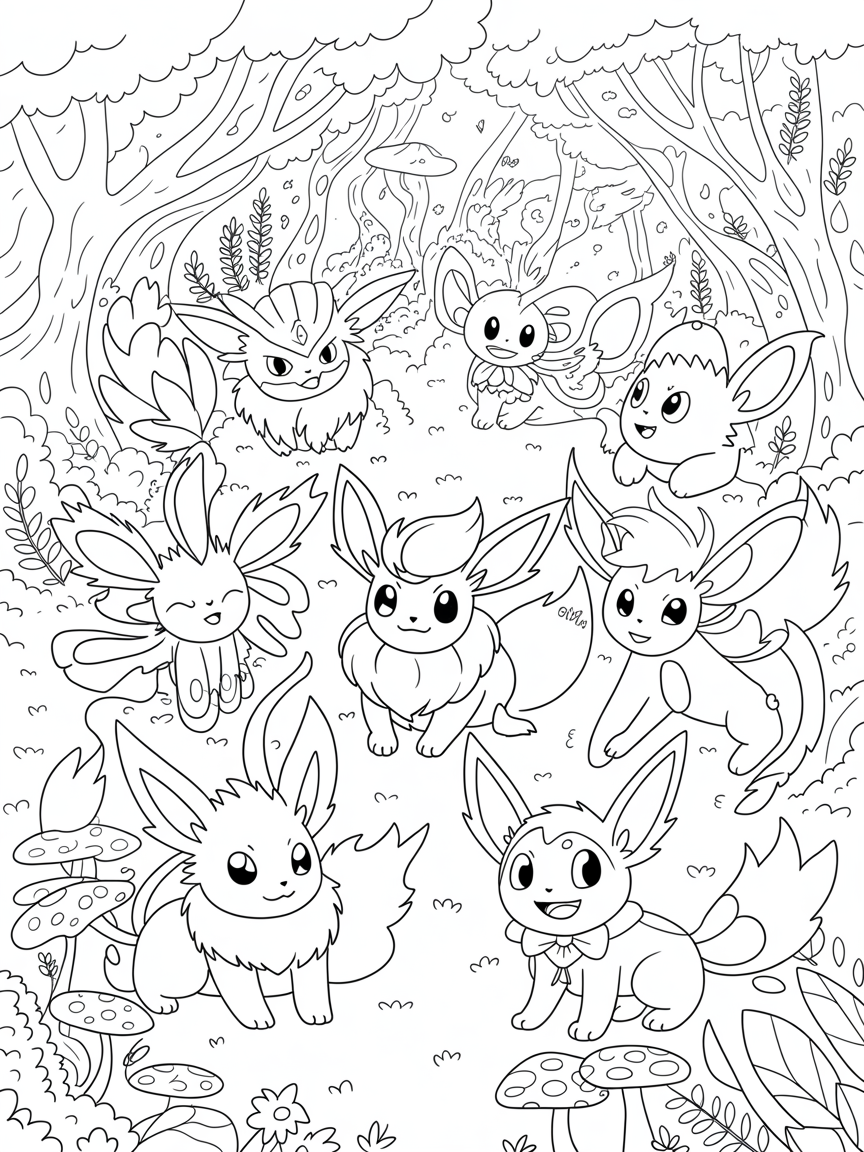 A place in nature with the pokemon eeve and one of each the evolution of eevee. In a cute version - Free Coloring Page
