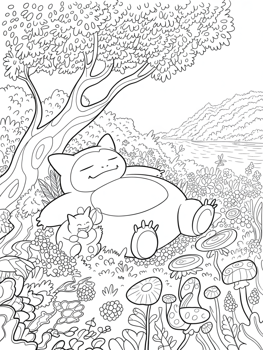 A place in nature with the pokemon snorlax and munchlax. In a cute version - Free Coloring Page