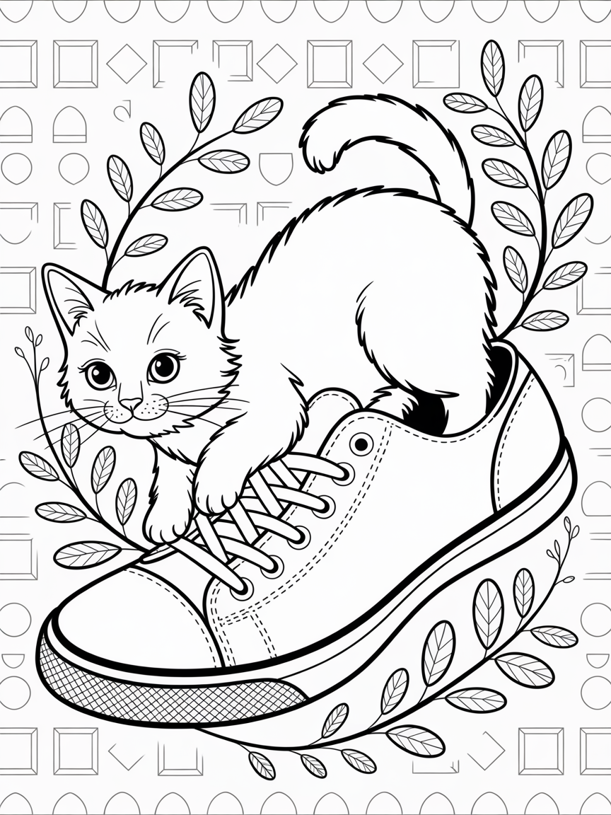 A cute cat drawed on a sneaker - Free Coloring Page