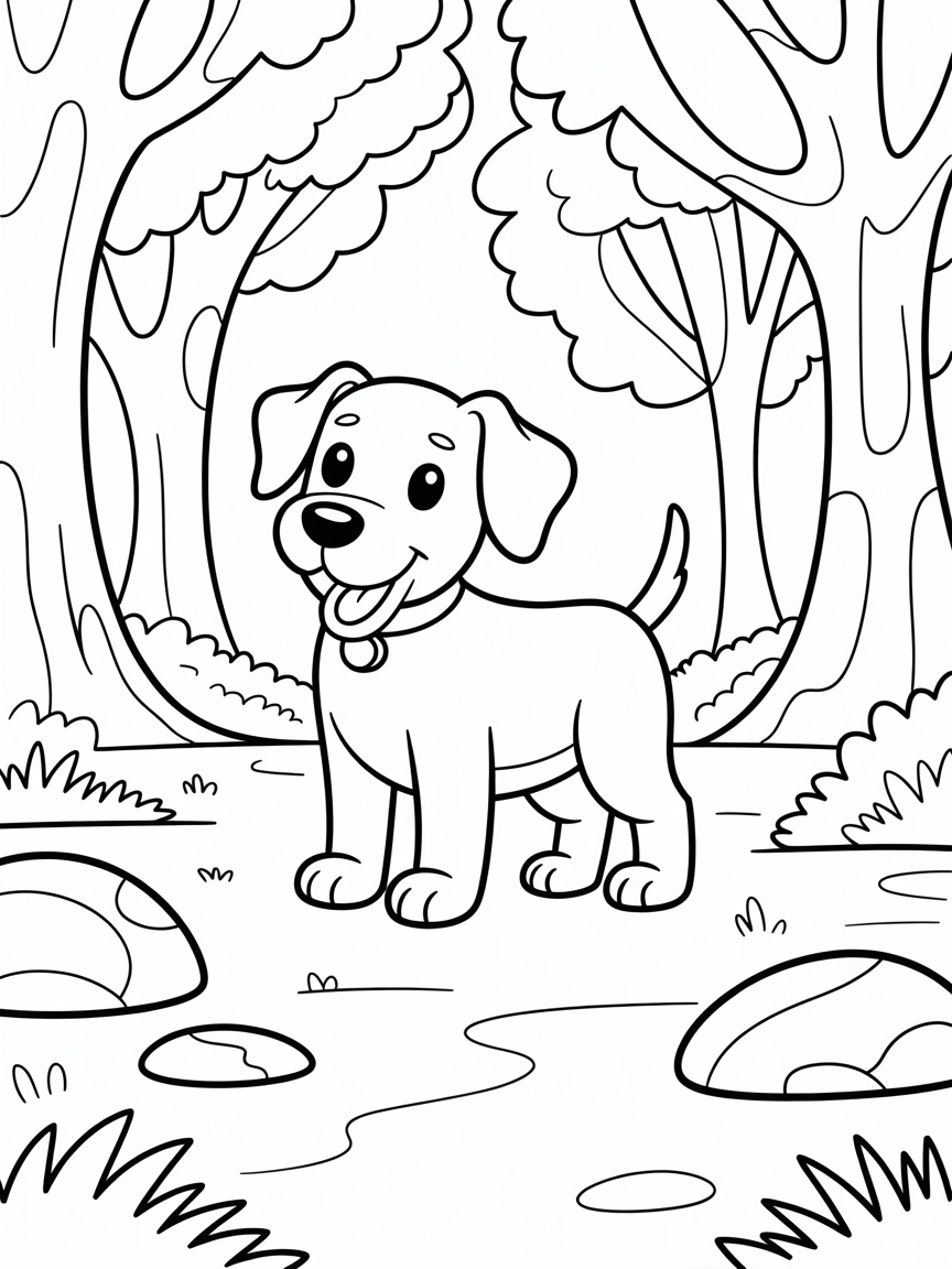 dog in the woods - Free Coloring Page