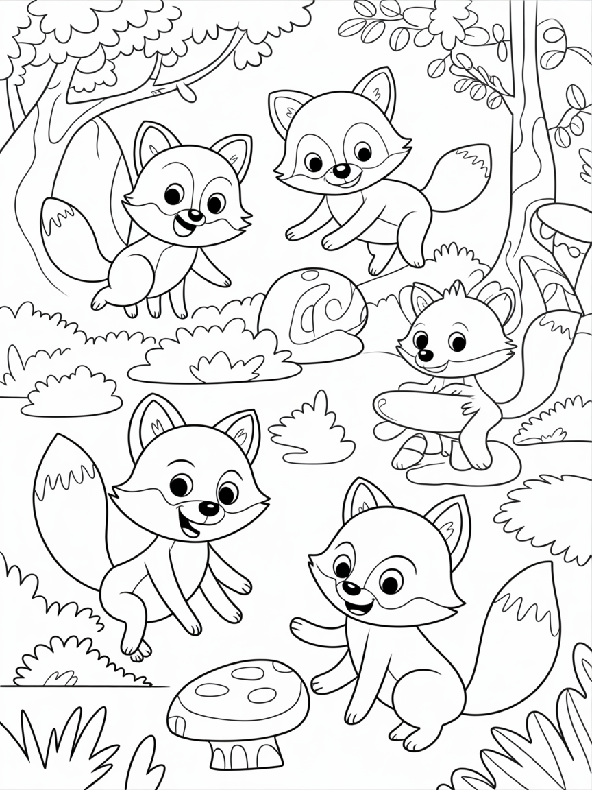Foxes playing in a forest with moss and mushrooms whimsy - Free Coloring Page