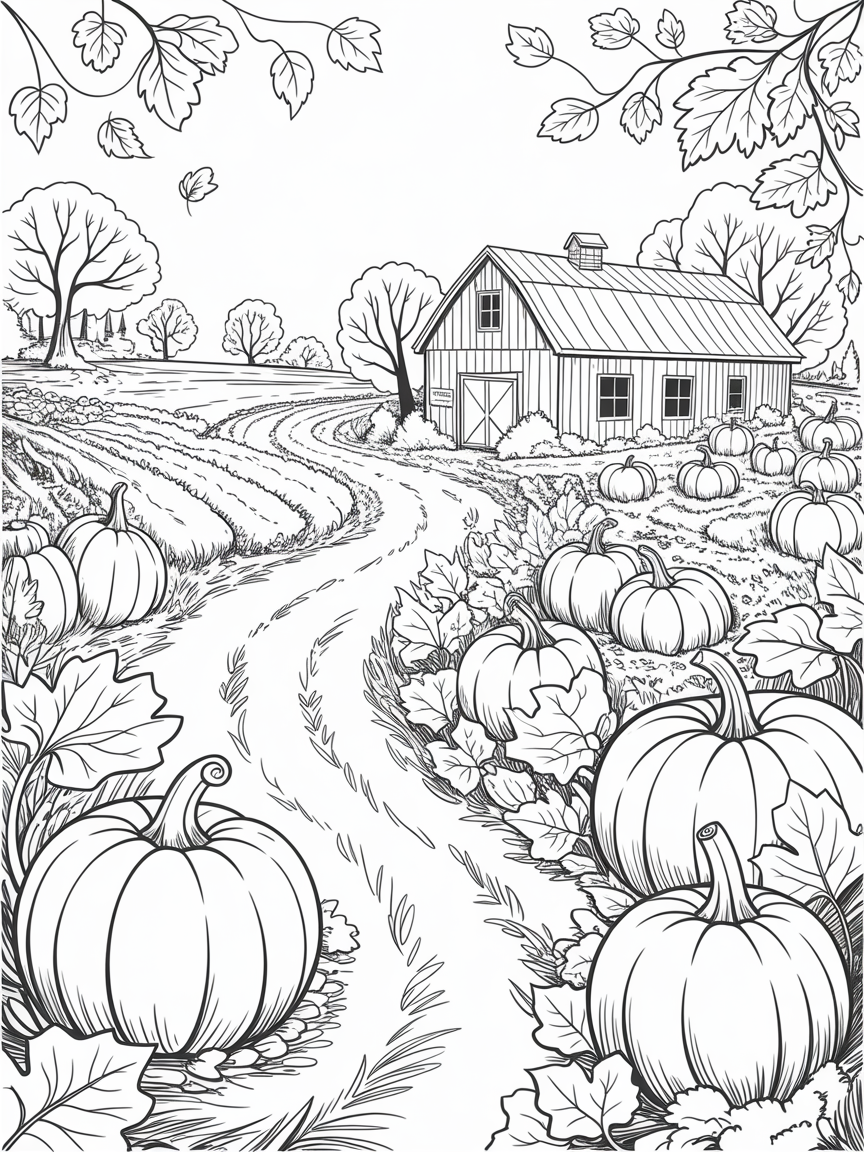 A frosty autumn morning farm scene with pumpkins and farm house and leaves - Free Coloring Page