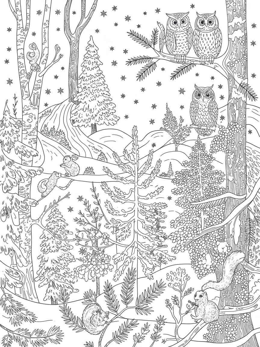 A wintery scene with owls, squirrels, pine trees, birch trees - Free Coloring Page