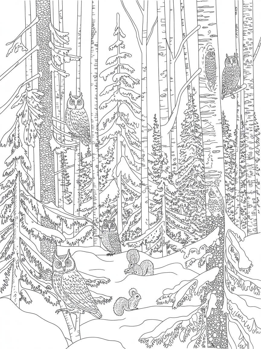 A wintery canadian forest with owls and squirrels - Free Coloring Page
