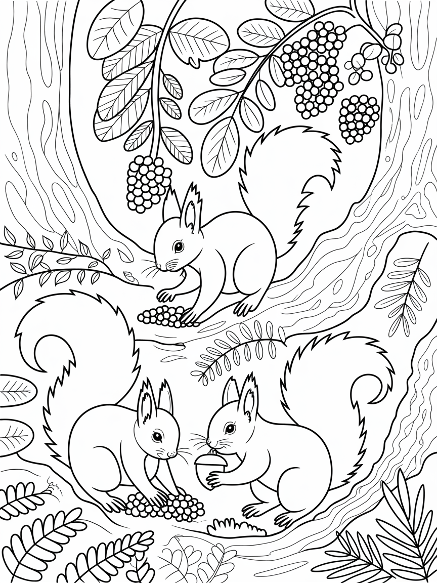 Red squirrels burying nuts - Free Coloring Page
