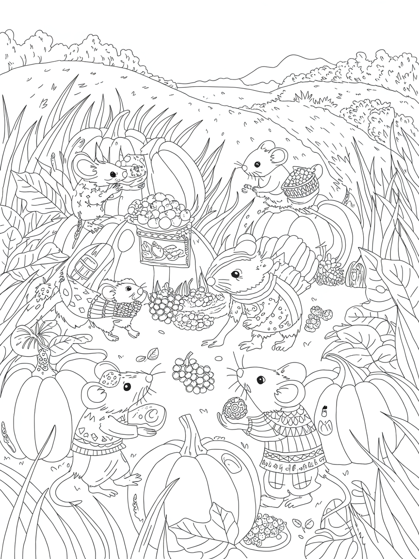 Field mice with various foods and little pumpkin houses - Free Coloring Page