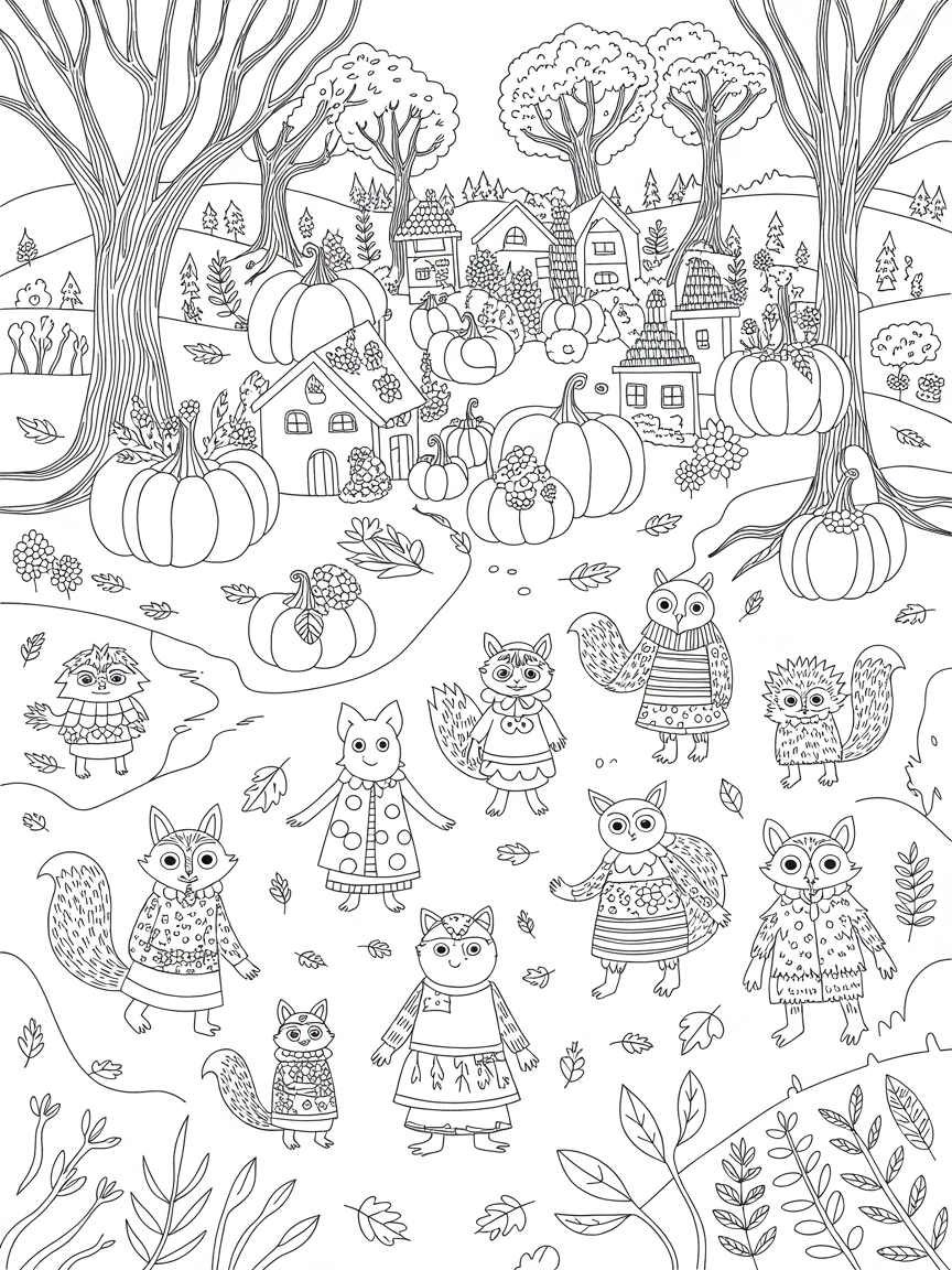 Pumpkins as houses in a town with forest creatures as people - Free Coloring Page