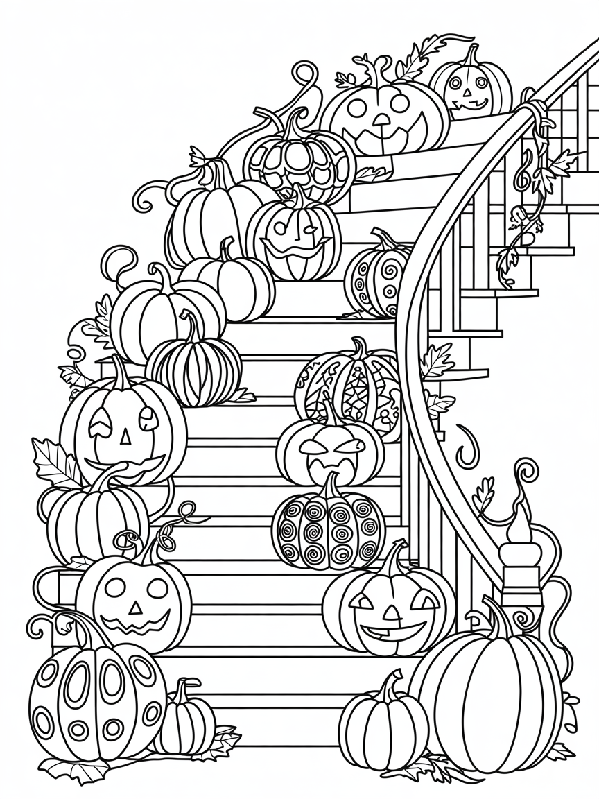 Whimsical halloween pumpkins on stairs - Free Coloring Page